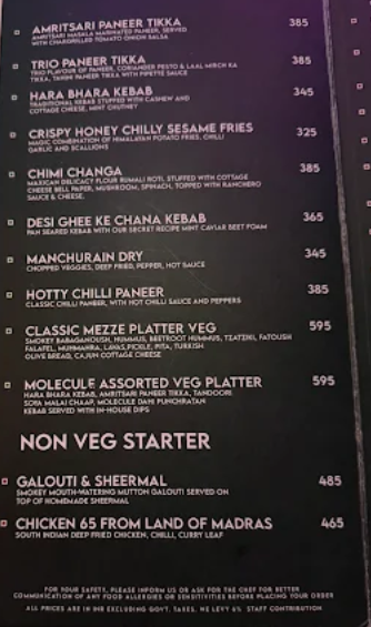 Molecule Air Bar Kitchen, Jhansi – Menu